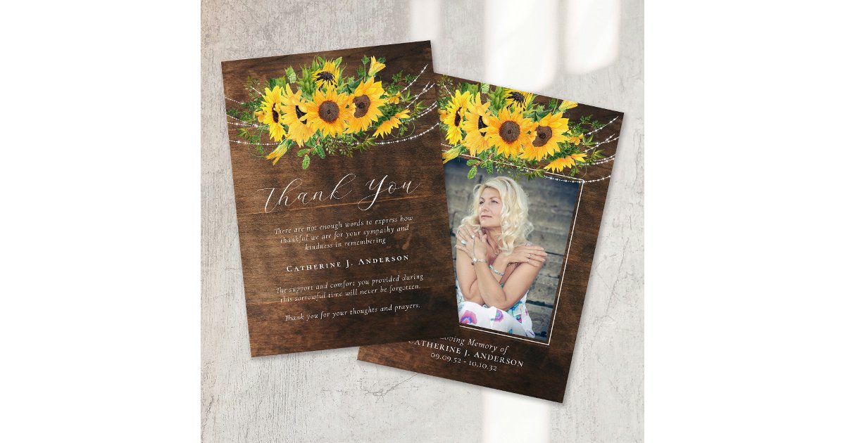 Rustic Sunflower Photo Sympathy Funeral Memorial Thank You Card | Zazzle