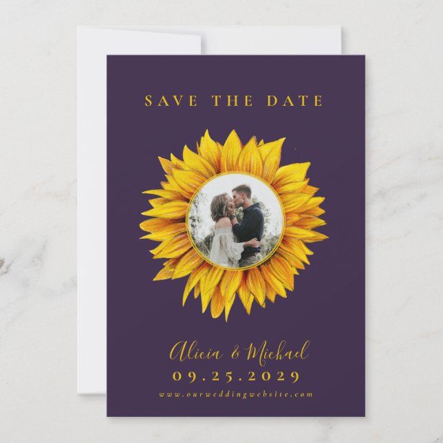 Rustic sunflower photo wedding save the date (Front)