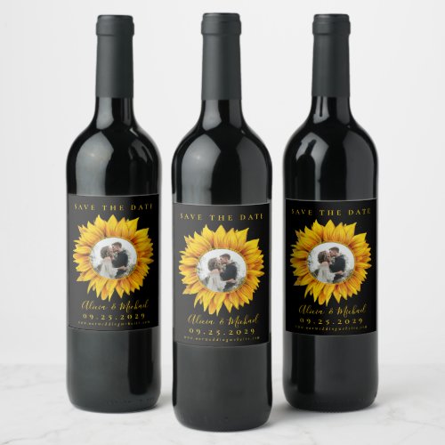 Rustic sunflower photo wedding save the date wine label