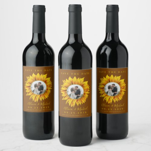 Rustic sunflower photo wedding save the date wine label