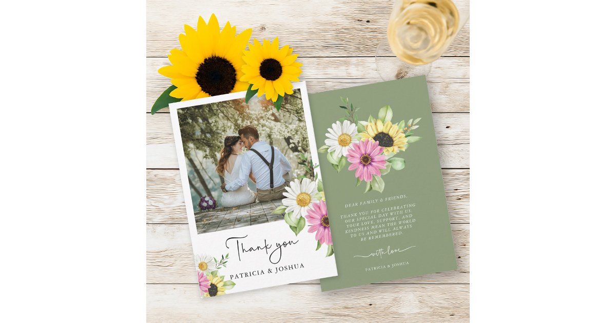 Rustic Sunflower Photo Wedding Thank You Card | Zazzle