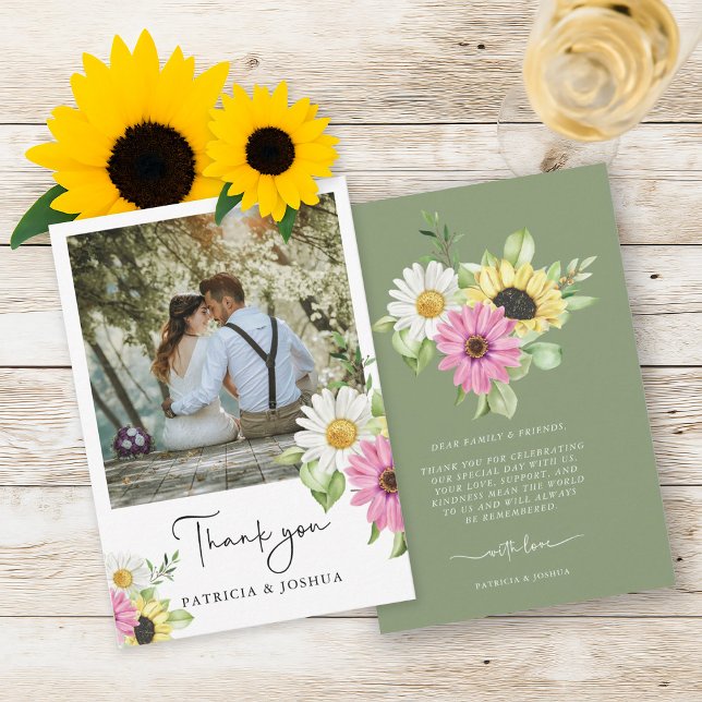 Rustic Sunflower Photo Wedding Thank You Card (Creator Uploaded)