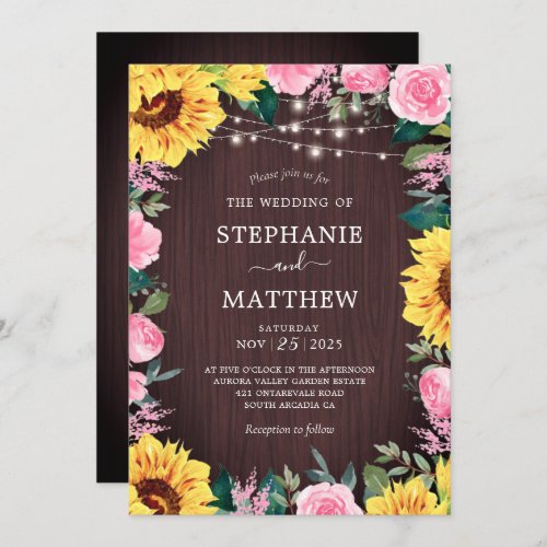 Rustic Sunflower PInk Floral Lights Wedding Invitation