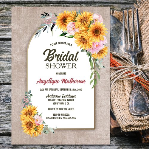Rustic Sunflower Pink Rose Arch Bridal Shower Invitation