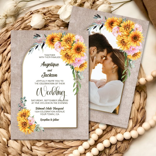 Rustic Sunflower Pink Rose Arch Wedding Invitation (Creator Uploaded)