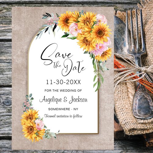 Rustic Sunflower Pink Rose Arch Wedding Save The Date
