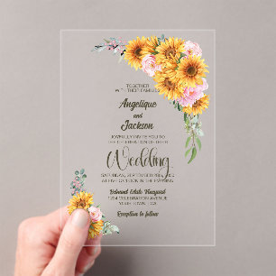 Rustic Sunflower Pink Rose Wedding Acrylic Invitations