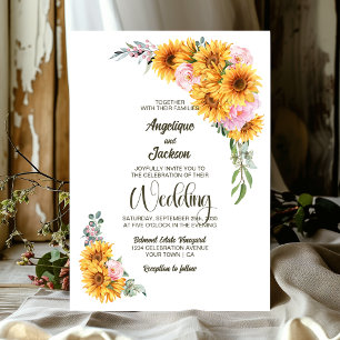 Rustic Sunflower Pink Rose Wedding Invitation