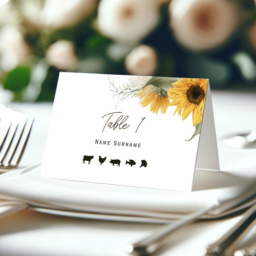 Rustic Sunflower Place card with meal options