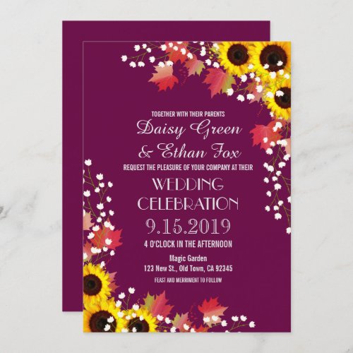 Rustic Sunflower Plum Fall Wedding Invitations