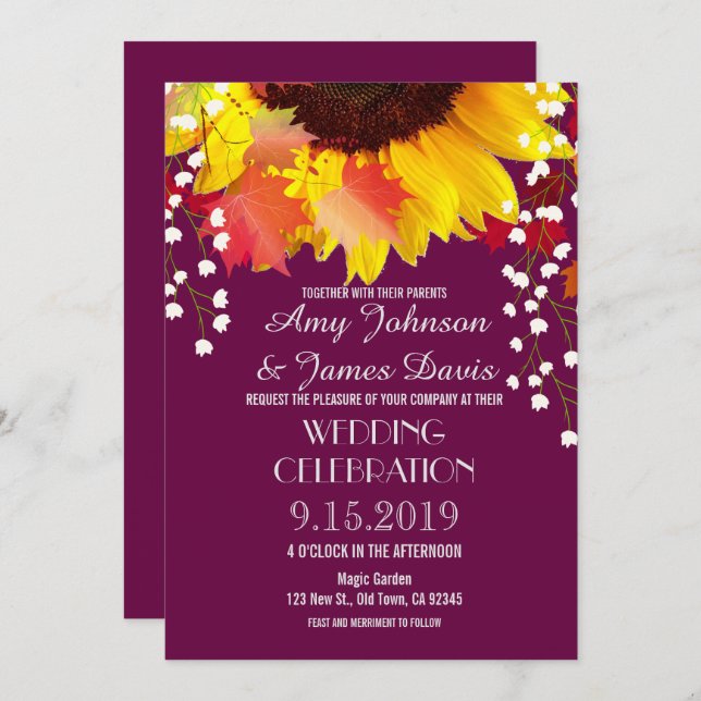 Rustic Sunflower Plum Wedding Invitations (Front/Back)