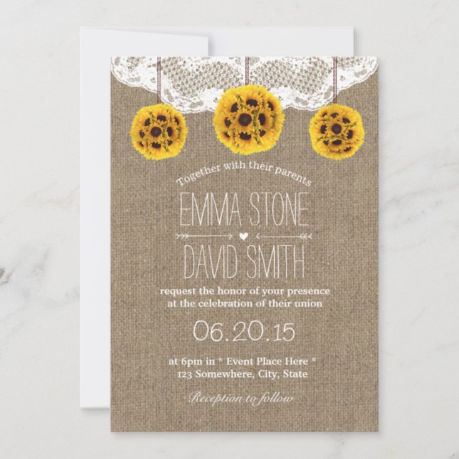 Rustic Sunflower Pomanders Lace & Burlap Wedding Invitation (Front)