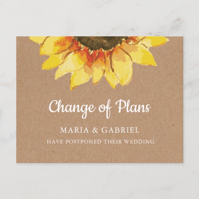 Rustic sunflower. Postpone kraft Change the Date Invitation Postcard (Front)