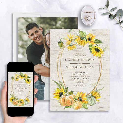 Rustic Sunflower Pumpkin Birch Photo Wedding Invitation