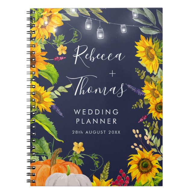 Rustic Sunflower Pumpkin Blue Wedding Planner Notebook (Front)