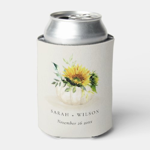 Rustic Sunflower Pumpkin Flora Watercolor Wedding Can Cooler