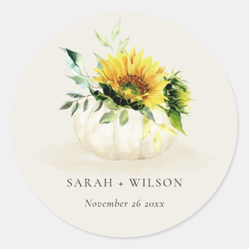 Rustic Sunflower Pumpkin Floral Watercolor Wedding Classic Round Sticker