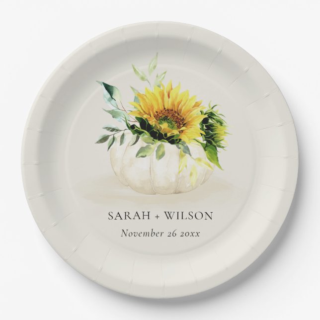 Rustic Sunflower Pumpkin Floral Watercolor Wedding Paper Plates (Front)