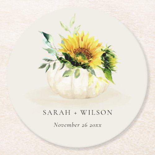 Rustic Sunflower Pumpkin Floral Watercolor Wedding Round Paper Coaster