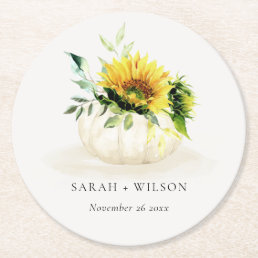 Rustic Sunflower Pumpkin Floral Watercolor Wedding Round Paper Coaster