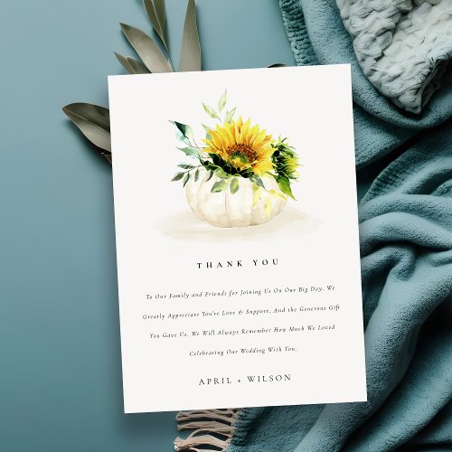 Rustic Sunflower Pumpkin Floral Watercolor Wedding Thank You Card