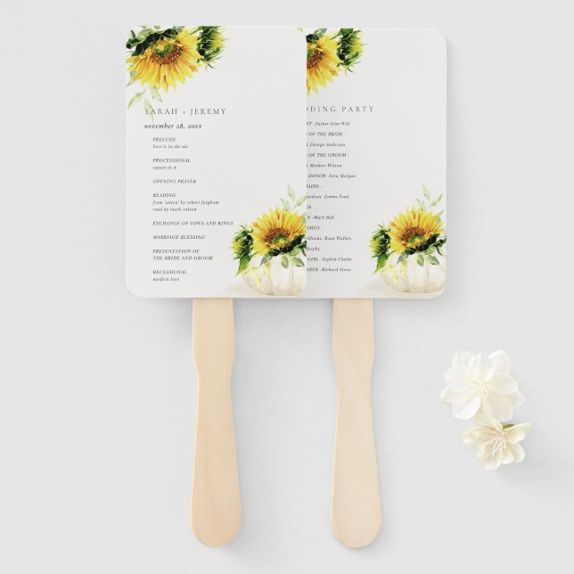Rustic Sunflower Pumpkin Floral Wedding Program Hand Fan (Front and Back)