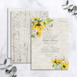 Rustic Sunflower Pumpkin Watercolor Birch Funeral Invitation