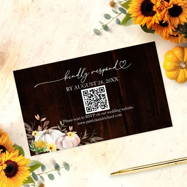 Rustic Sunflower Pumpkin Wedding QR Code RSVP Enclosure Card (Creator Uploaded)