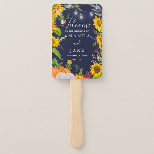 Rustic Sunflower Pumpkins Blue Wedding Welcome Hand Fan