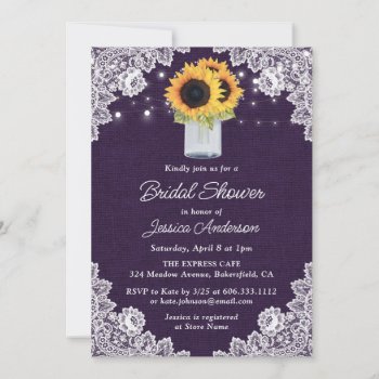 Rustic Sunflower Purple Burlap Lace Bridal Shower Invitation by DanielCapPhotography at Zazzle
