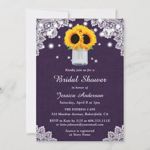 Rustic Sunflower Purple Burlap Lace Bridal Shower Invitation