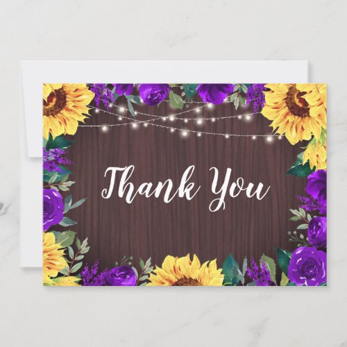 Rustic Sunflower Purple Floral Border Wood Wedding Thank You Card