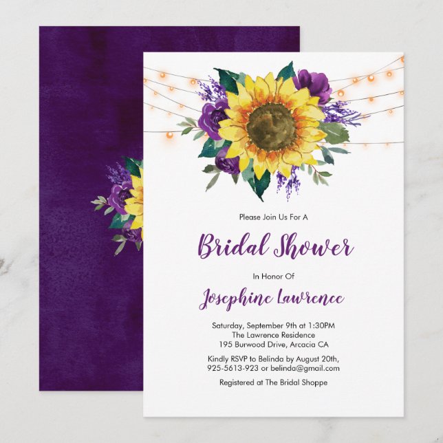 Rustic Sunflower Purple Floral Bridal Shower Invitation (Front/Back)
