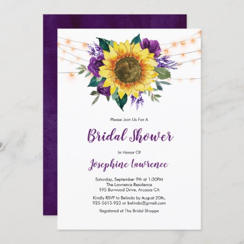 Rustic Sunflower Purple Floral Bridal Shower Invitation