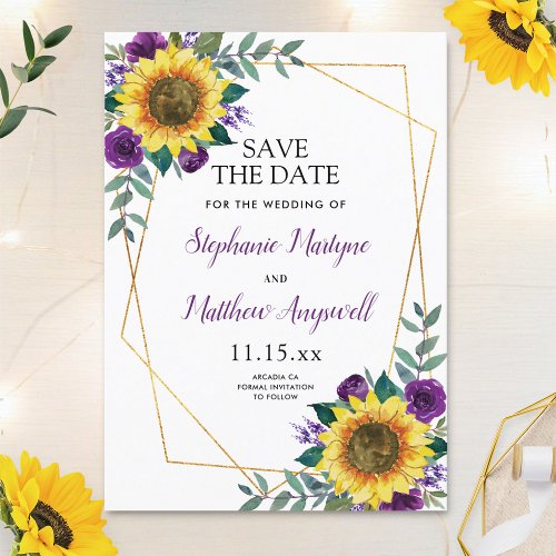 Rustic Sunflower Purple Floral Geometric Wedding Save The Date