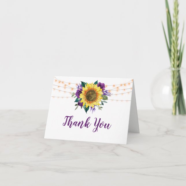 Rustic Sunflower Purple Floral Lights Wedding Thank You Card (Front)