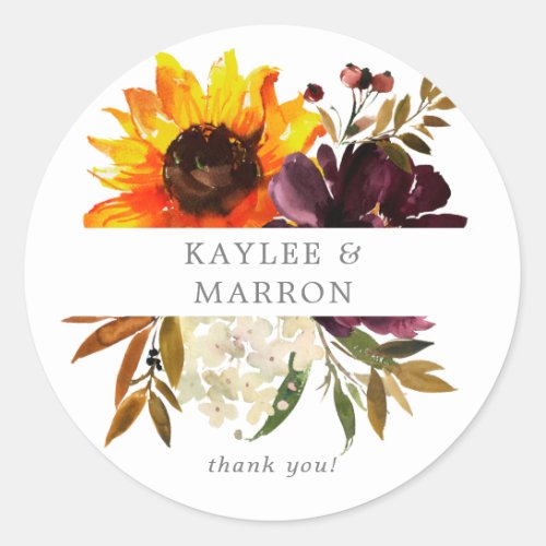 Rustic Sunflower  Purple Floral Thank You  Classic Round Sticker