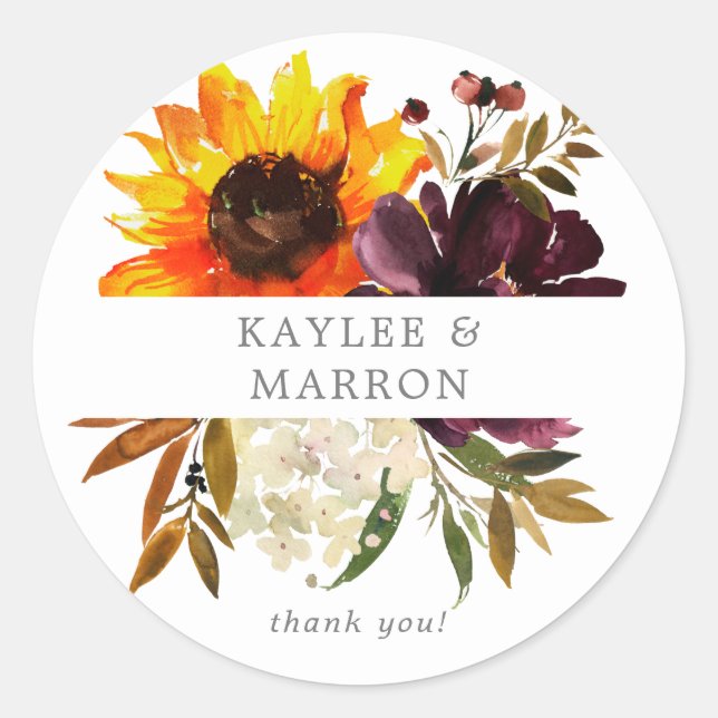 Rustic Sunflower & Purple Floral Thank You  Classic Round Sticker (Front)