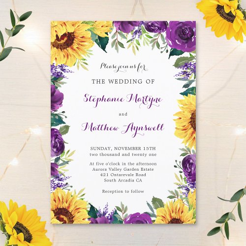 Rustic Sunflower Purple Floral Wedding Invitation