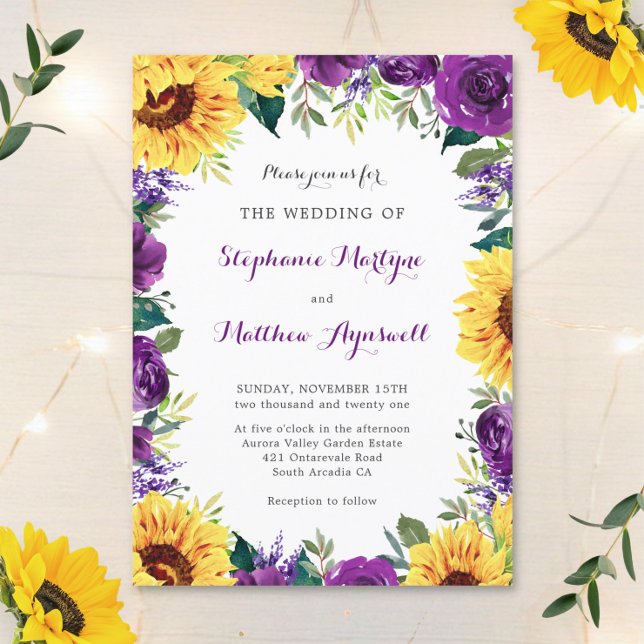Rustic Sunflower Purple Floral Wedding Invitation