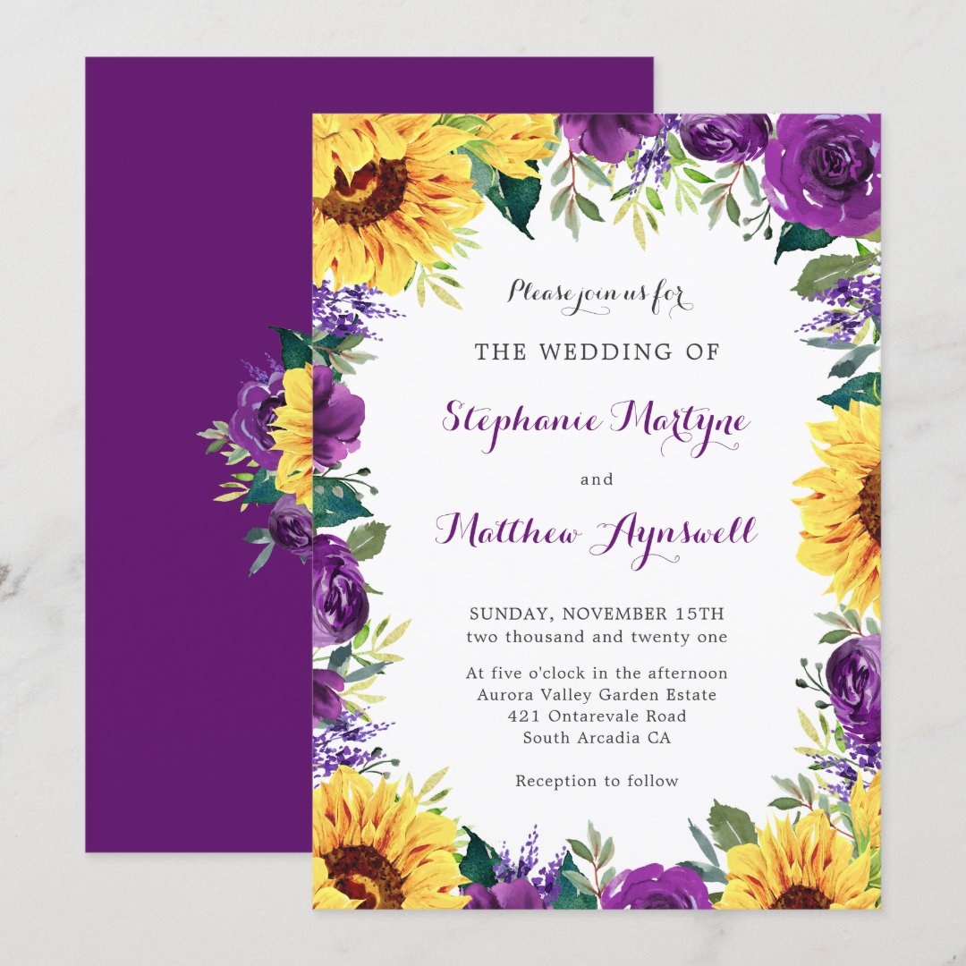 Rustic Sunflower Purple Floral Wedding Invitation | Zazzle