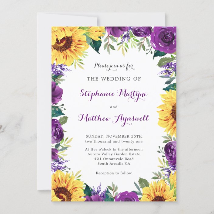 Rustic Sunflower Purple Floral Wedding Invitation