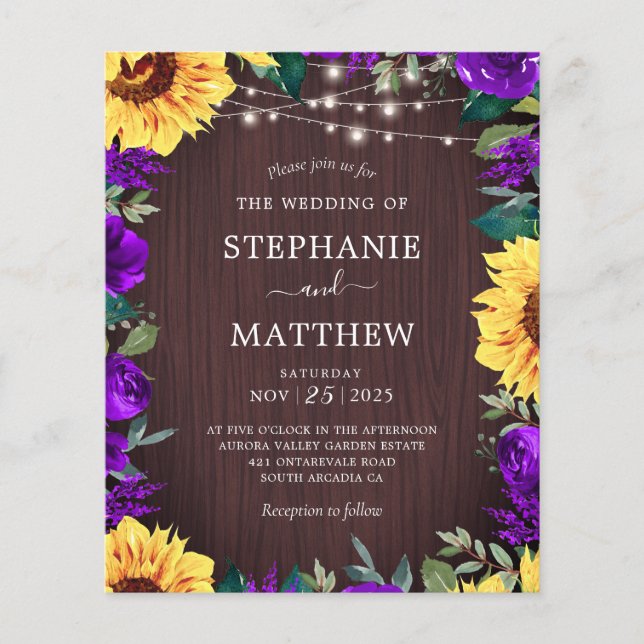 Rustic Sunflower Purple Lights Budget Wedding (Front)