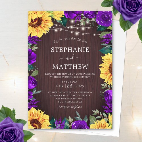 Rustic Sunflower Purple Lights Wood Wedding Invitation