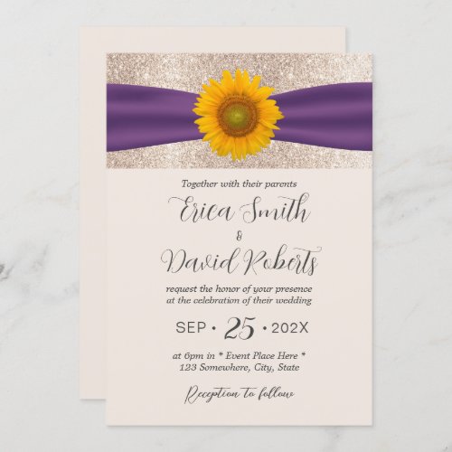 Rustic Sunflower Purple Ribbon Elegant Wedding Invitation