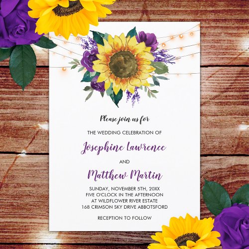 Rustic Sunflower Purple Rose Floral Lights Wedding Invitation