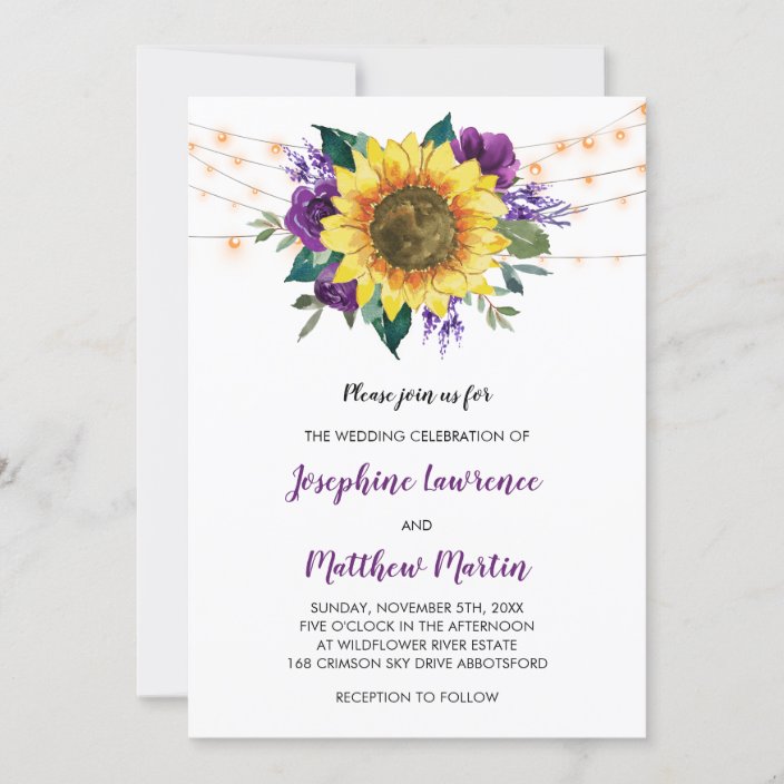 Rustic Sunflower Purple Rose Floral Lights Wedding Invitation