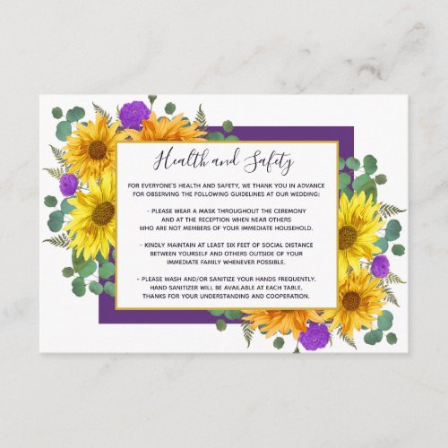 Rustic Sunflower Purple Rose Wedding Health Safety Enclosure Card