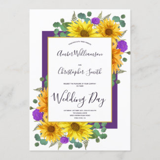 Rustic Sunflower Purple Roses Country Wedding Invitation