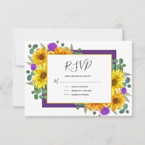 Rustic Sunflower Purple Roses Country Wedding RSVP Card
